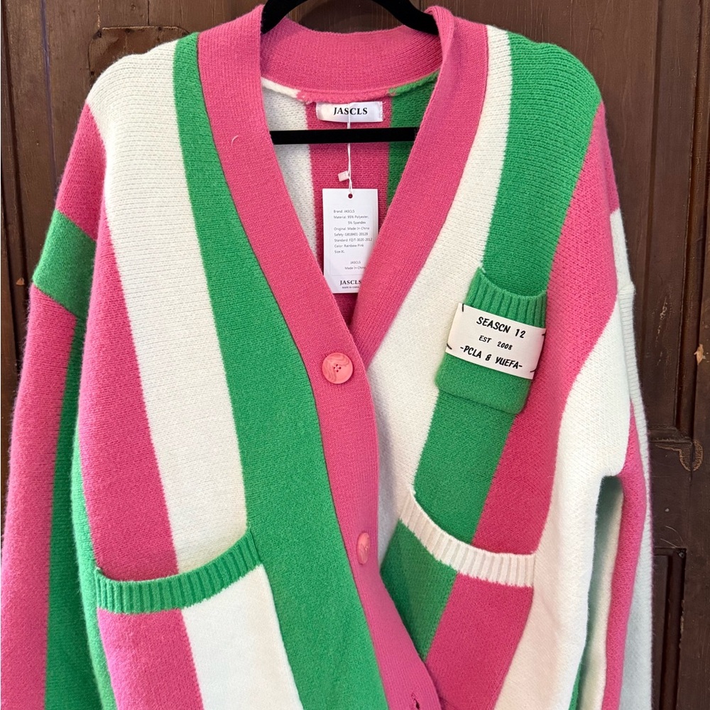 Pink and Green Striped Women's Sweater - Picture 4 of 6